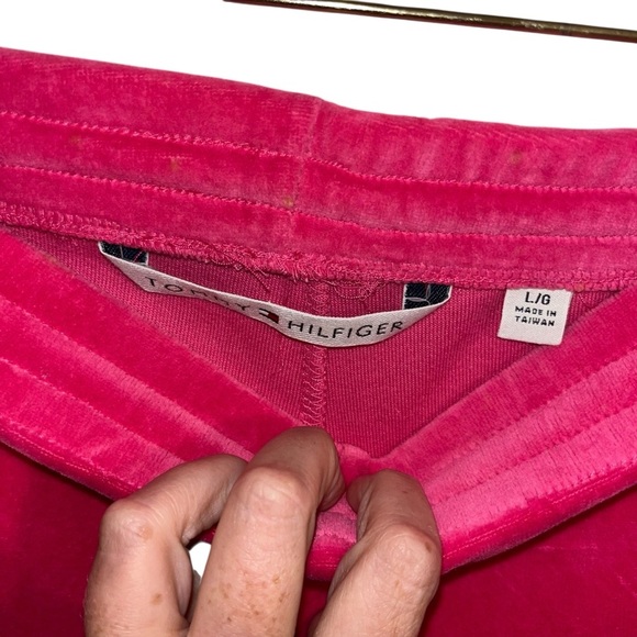 Vintage y2k Tommy Hilfiger pink velour track pants retro wide leg ankle zip L - Picture 6 of 6